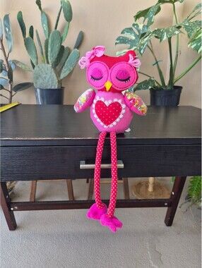 Pink Owl Plush Shelf Sitter Long Legs Heart Valentine’s Day Decor 18"